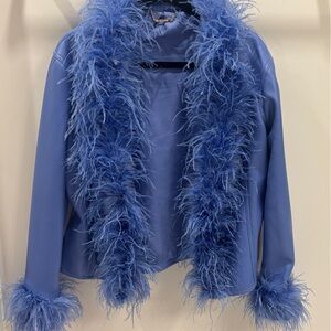 House of CB Blue Feather-Trim Leather Jacket